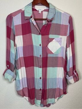 Women’s Multicolor Plaid Viscose Bamboo Maroon Mint Button Down Shirt Medium